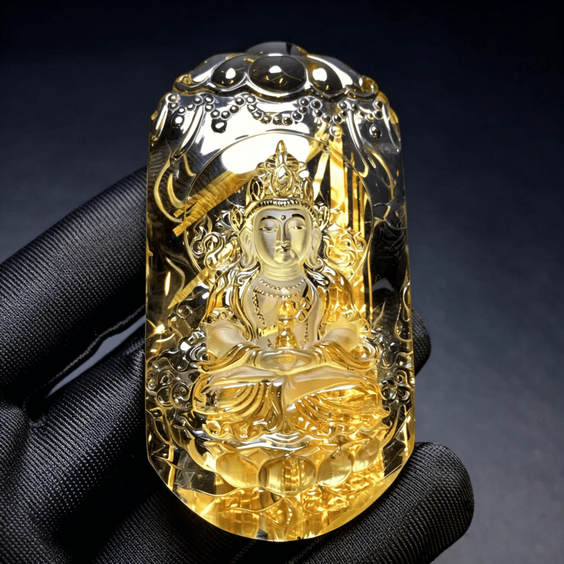 天然金发晶雕刻件精品实拍