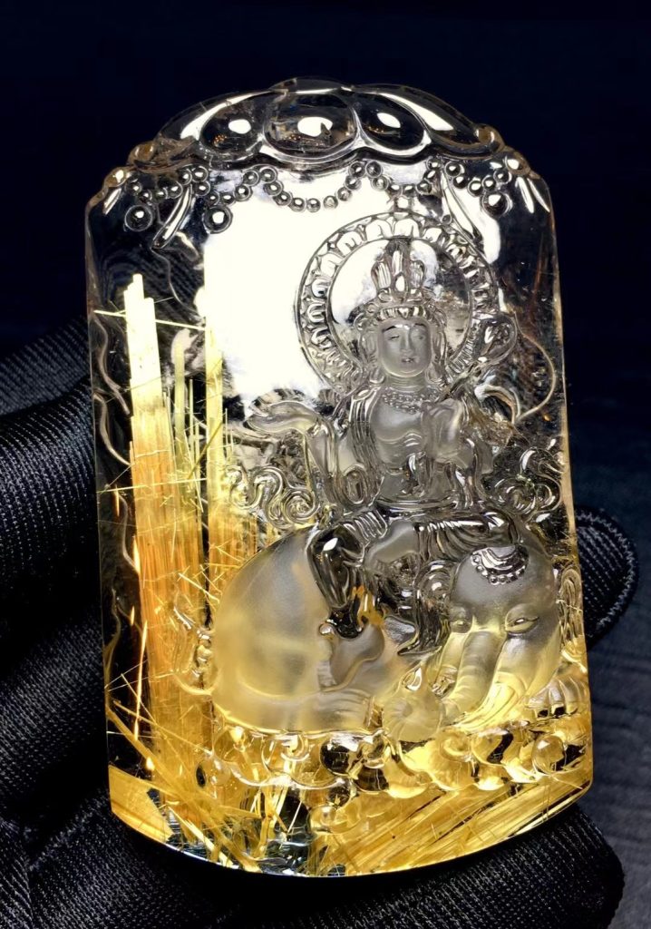 天然金发晶雕刻牌晶体发丝实拍